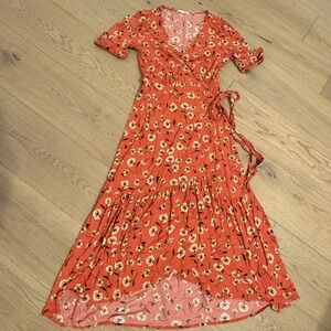 Lovestitch Wrap Maxi Dress Womens Small Rust Red Floral High Low Ruffle Boho